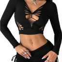 Milumia Women's Cut Out Deep V Neck Long Sleeve T Shirt Y2K Rave Going Out Party Club Crop Tee Tops