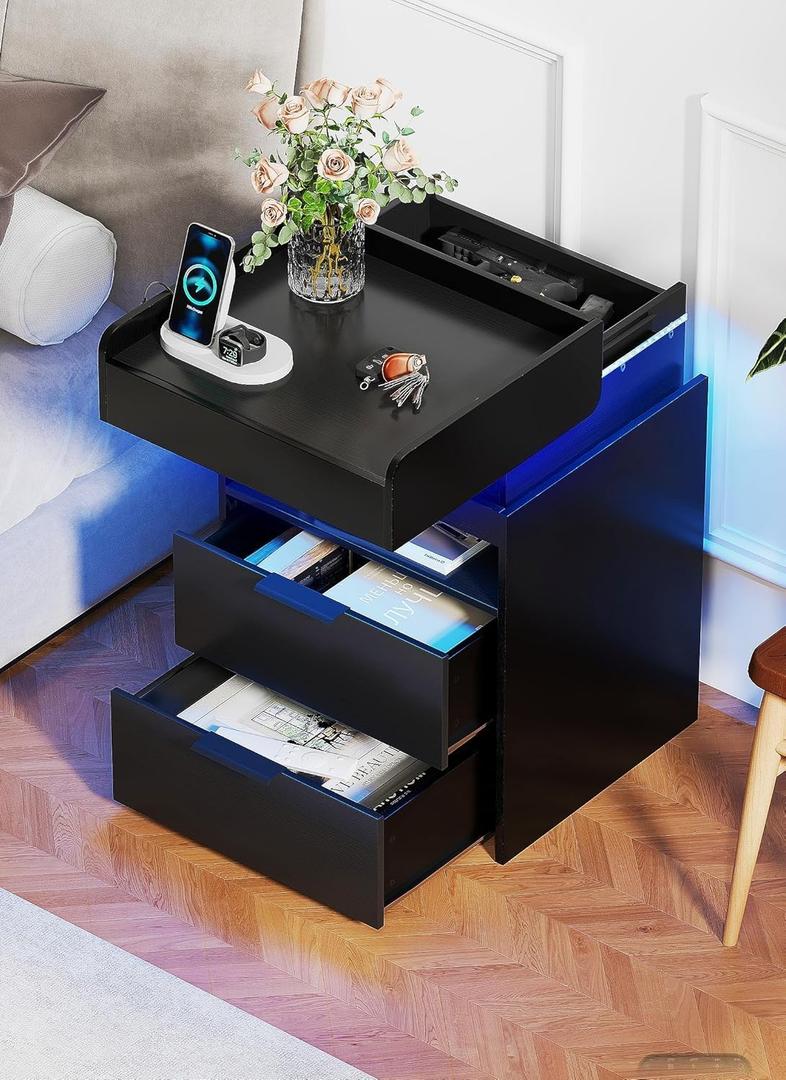 LED Night Stand with Gun Drawer, Smart Nightstand with Hidden Charging Station, Modern Beside Table with USB and Type-C Port End Table for Bedroom (Black)