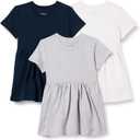 Amazon Essentials Girls and Toddlers' Short Sleeve Jersey Dress (2T, Light Grey Heather/Navy/White)