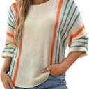 Dokotoo Womens 2026 Spring Summer Casual Crewneck 3/4 Sleeve Striped Lightweight Knit Trendy Boho Tops Pullover Sweaters (M)