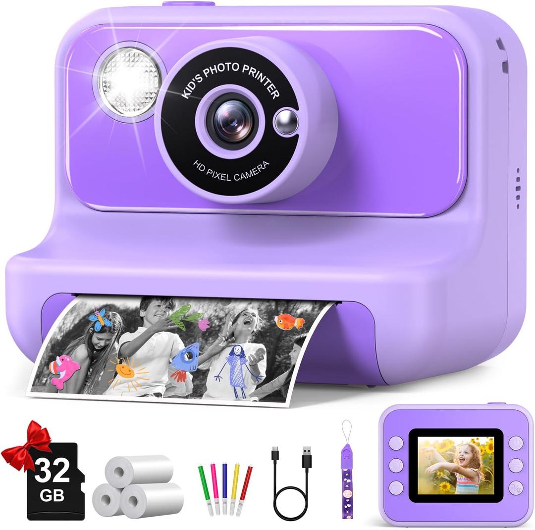 Kids Camera Instant Print, Christmas Birthday Gifts for Girls and Boys, 1080P HD Video Digital Kids Camera with 32G Card, Toddler Camera for 3-12 Years Old, Purple