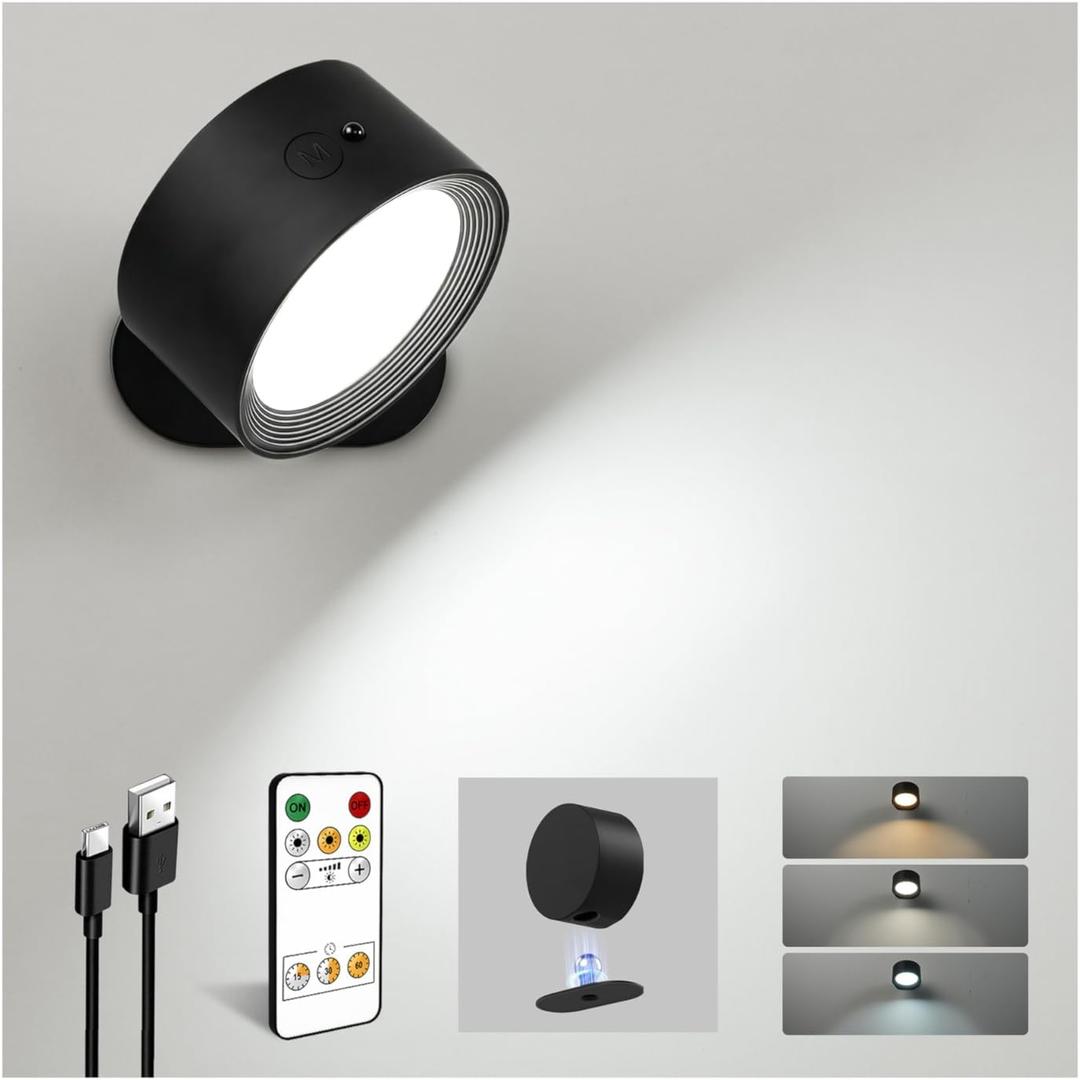 LED Wall Mounted Lights, Rechargeable Wall Sconces Lamp, 3 Color Temps & Remote and Touch, 360Rotation Dimmable Cordless Wall Light for Study Bedroom Reading Bedside(Black, 1 Pack)