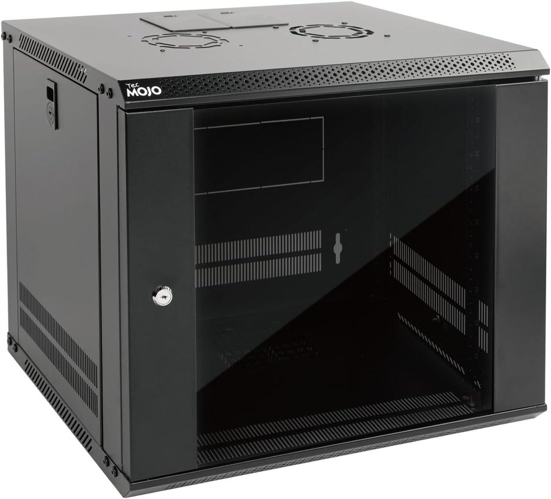 Tecmojo 9U Wall Mount Server Cabinet IT Network Rack Enclosure Lockable Door and Side Panels Black,Cooling Fan, Glass Door, 17.7inch Depth,for 19 IT Equipment, A/V Devices