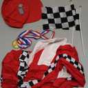 Kosgraiy Race Car Driver Costume Kid, Boy And Girl Racer Jumpsuit With Peaked Cap, Toddler Racing Costume Halloween, Red, L/ 140