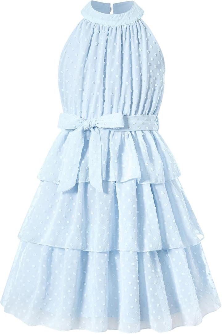 Move Dance Girls Halter Neck Dress Blue Summer Flared Midi A-Line Sundress Swiss Dot Sleeveless Casual Layered Chiffon Dresses with Belt 12-13 Years Old