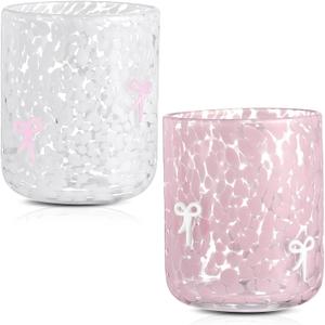 Yoiemivy 2 Pack Bow Icon Juice Glasses Coquette Aesthetic Glass Cups 14 oz Double Old Fashioned Icon Handblown Stemless Glasses Cute Pink Glass Drinking Cups for Party Supplies Gifts