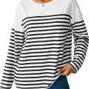 LilyCoco Womens Oversized Striped Shirt Color Block Crewneck Long Sleeve T Shirt White X-Large (XL)