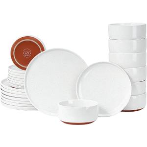 GZG Modern Art Series - 24 Pcs Speckled Stoneware Plates and Bowls Sets, Ceramic Dinnerware Set with Rustic Terracotta Underside, Microwave and Dishwasher Safe Handcrafted Dishes Set - Porcelain White