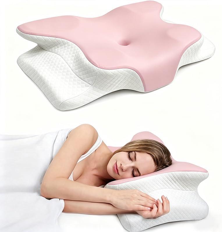 Cooling Neck Support Pillow, Adjustable Cervical Memory Foam for Pain Relief, Odorless Ergonomic Orthopedic Bed Pillows for Side Back Stomach Sleepers, Cozy Sleeping (Pink), Queen