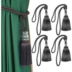 Fenghuangwu Tassel Curtain Tiebacks Handmade Curtain Tie Backs, Elegant Crystal Curtain Holdbacks for Home Office Decor (Charcoal, 4P)