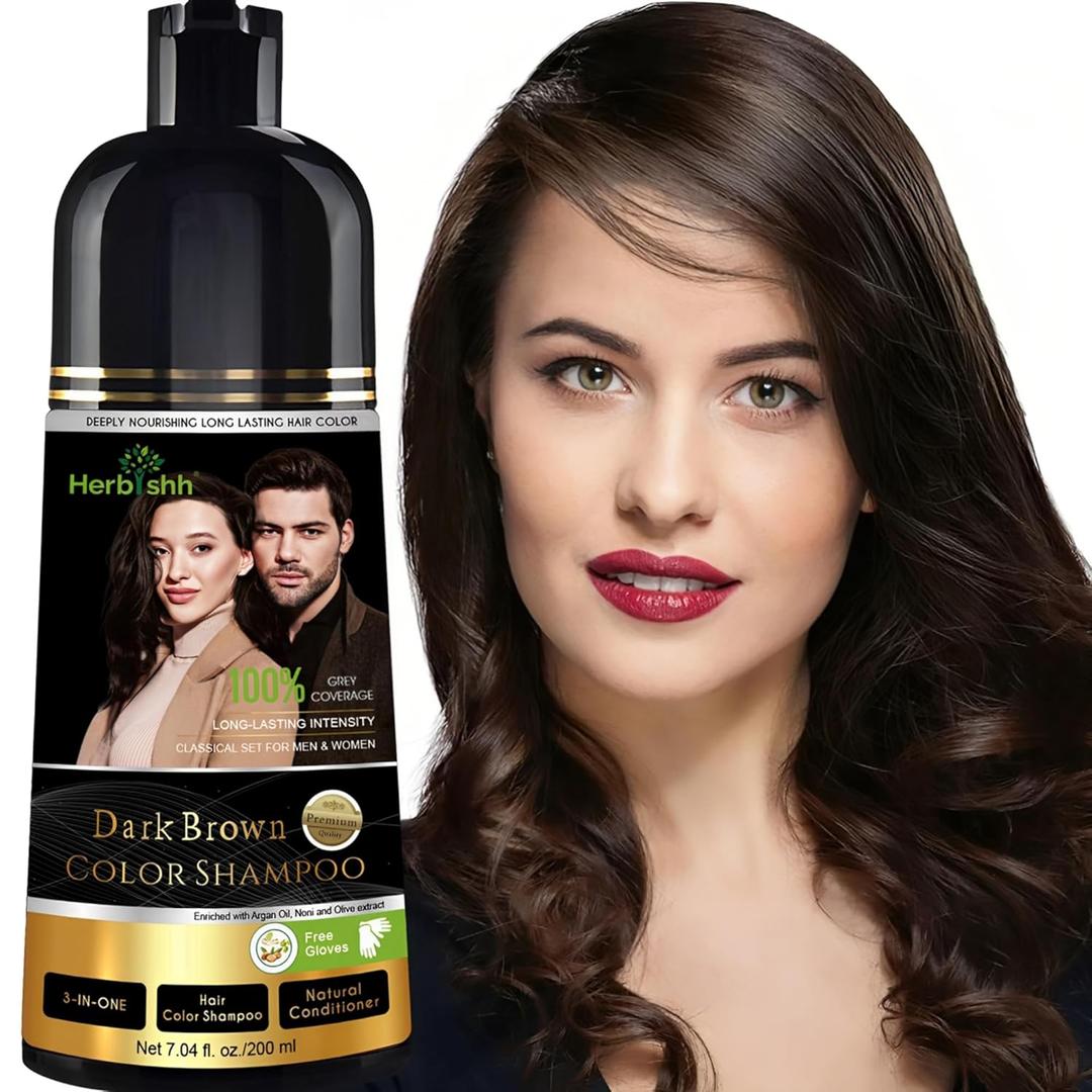 Herbishh Dark Brown Shampoo, Hair Dye Shampoo 3 in 1, 100% Grey Coverage, Hair Color for Men & Women, Long-lasting Color in 20-25 Mins, Ammonia-free, 200 ml