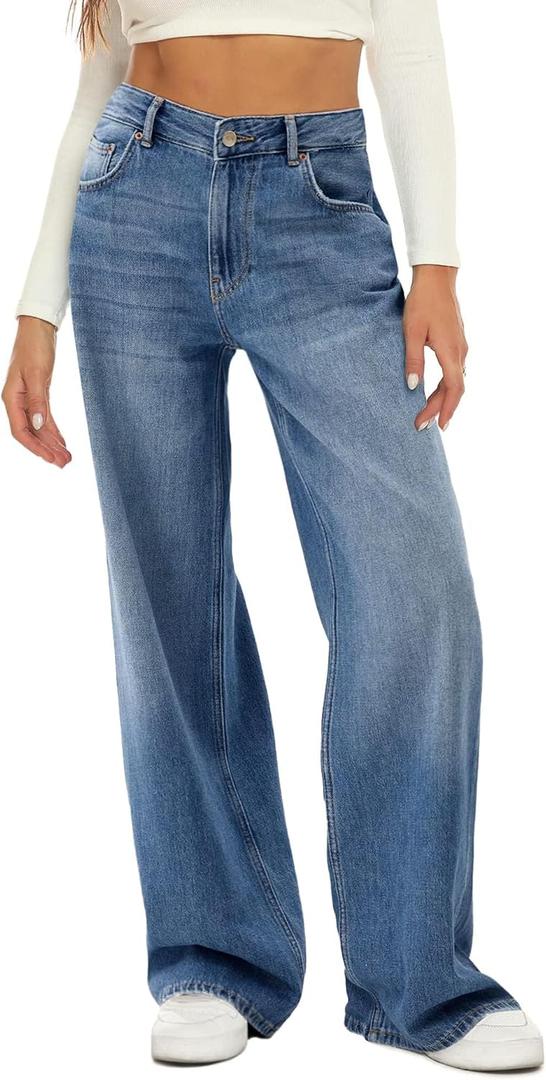 HDLTE Women Wide Leg Jeans High Waist Baggy Jeans Loose Boyfriend Jeans Denim Pants Y2K Blue XL