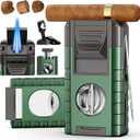 6-in-1 Torch Cigar Lighter with Triple Jet Flame, Dual Cigar Cutter, Punch, Draw Enhancer, Holder, Refillable Butane Lighter with Gift Box, Cool Lighters Cigar Accessories for Smoking, Travel, Candles (Green Gray)