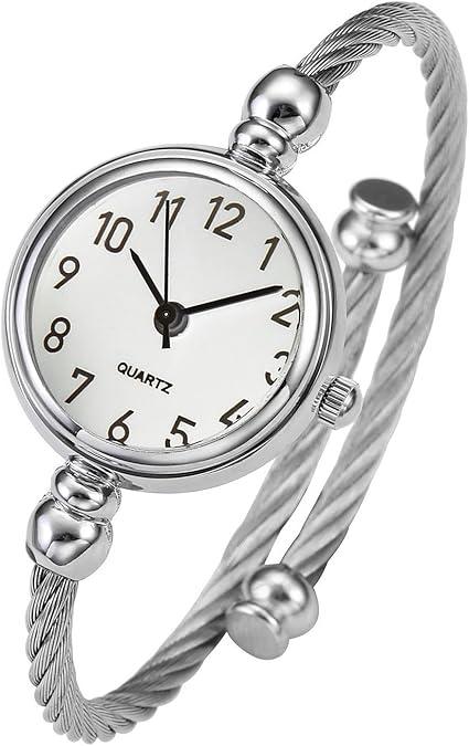 Top Plaza Womens Fashion Silver Tone Analog Quartz Bangle Cuff Bracelet Wrist Watch, Unique Elegant Stainless Steel Wire Band, Arabic Numerals  White