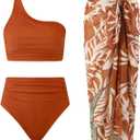 3 Piece Swimsuits for Women High Waisted Bikini Sets Retro Swimsuit with Cover up Beach Wrap Skirt (Orange, M)