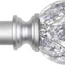 KAMANINA Silver Curtain Rod 32 to 58 Inch (2.6-4.8 ft), 7/8 Adjustable Single Curtain Rods for Windows 28 to 48 Inch, Decorative Splicing Drapery Rods with Crystal Translucent Finials