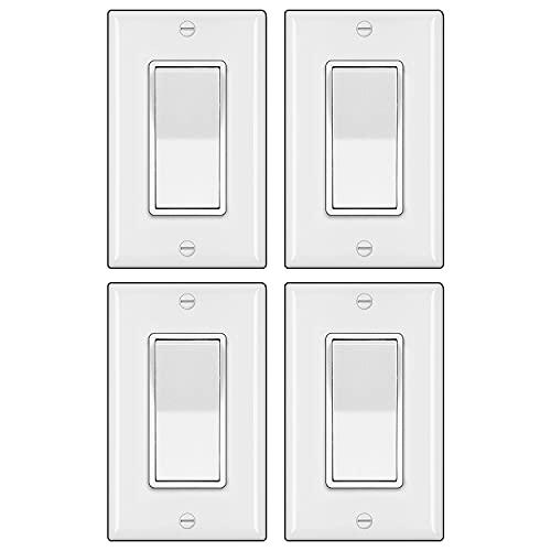 BESTTEN 4 Pack 3-Way Decorator Light Switch with Wallplate, 15A 120/277V, On/Off Rocker Paddle Interrupter, Electrical Wall Light Switches, Single Pole or Three Way, UL Listed, White