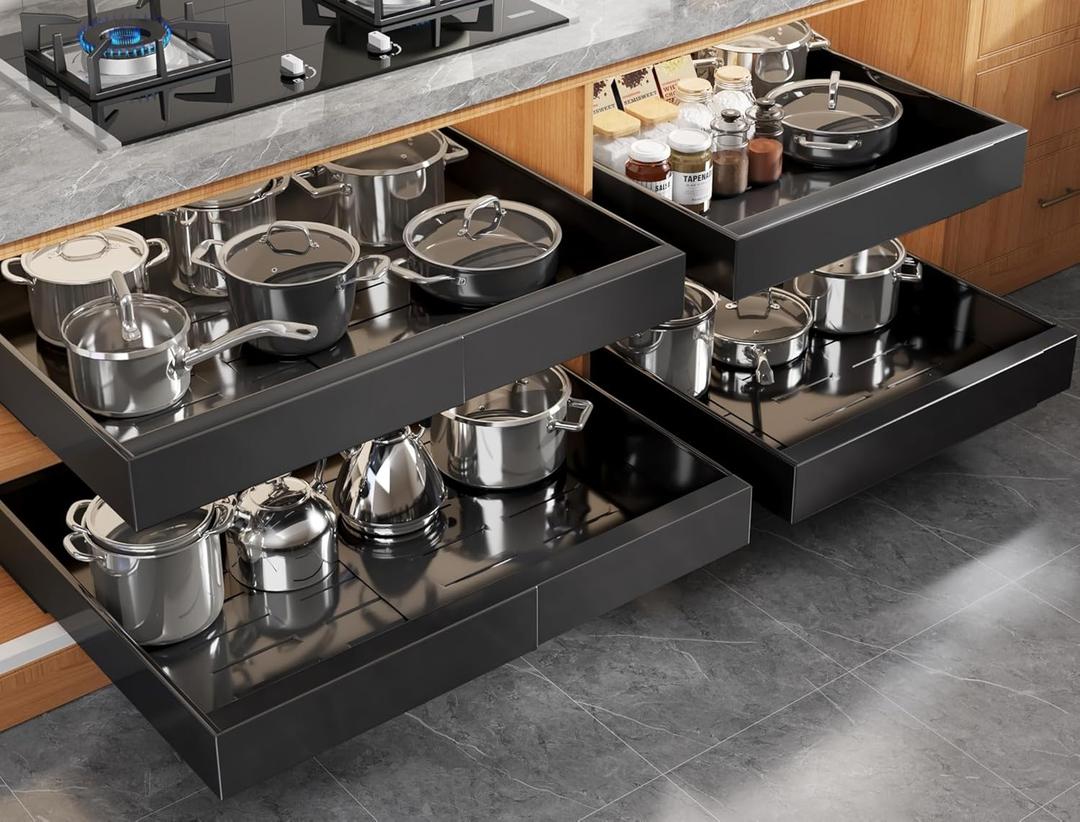 4 Pack Expandable (15.1"-26.3") Pull Out Cabinet Organizer 21" Deep With Raising Pad for Framed Cabinets,Upgrade 3 Slide Rails Slide Out Drawers,No Drill Roll Out Shelves Adhesive,Black