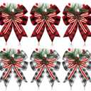 Moucuny 6 Pcs Christmas Burlap Plaid Bow with Pine Cones Pine Needles Xmas Checkered Ribbon Bow for Christmas Indoor Outdoor Farmhouse Tree Wreath Garland Craft Decor(Black and White, Black and Red)