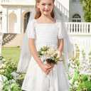 3 x GRACE KARIN Girls Summer Tie Back Dress Square Neck Lantern Sleeve Ruffle Hem Elegant Dresses for 7-14 Years (White)