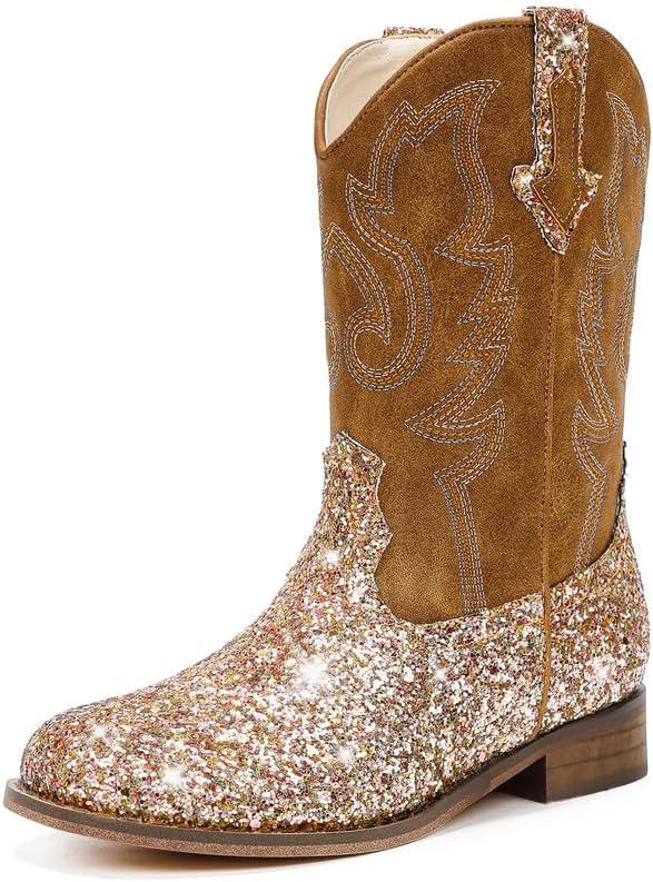 Girls Cowgirl Boots Unisex-Child Mid Calf Glitter Toddler Cowboy Boot Little Big Kids Western Riding Shoes (Sequins Brown)