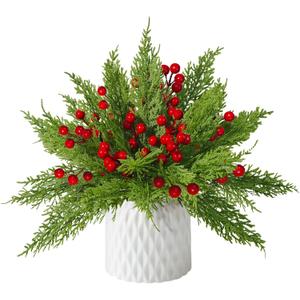 Norfolk Pine Stems 35Pcs & Red Berry Picks 10Pcs, Real Touch Artificial Christmas Greenery for DIY Tree Decor, Christmas Floral Arrangements, Wreaths, Centerpieces - Christmas Flowers Fake Bouquet