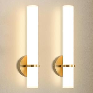 16W LED Dimming Wall Sconces 2 Packs, 3000K Warm Lights Dimmable, White Lampshade Bathroom Vanity Lighting Wall Light Fixtures for Bedroom Dining Living Hallway, Antique Gold, Set of 2