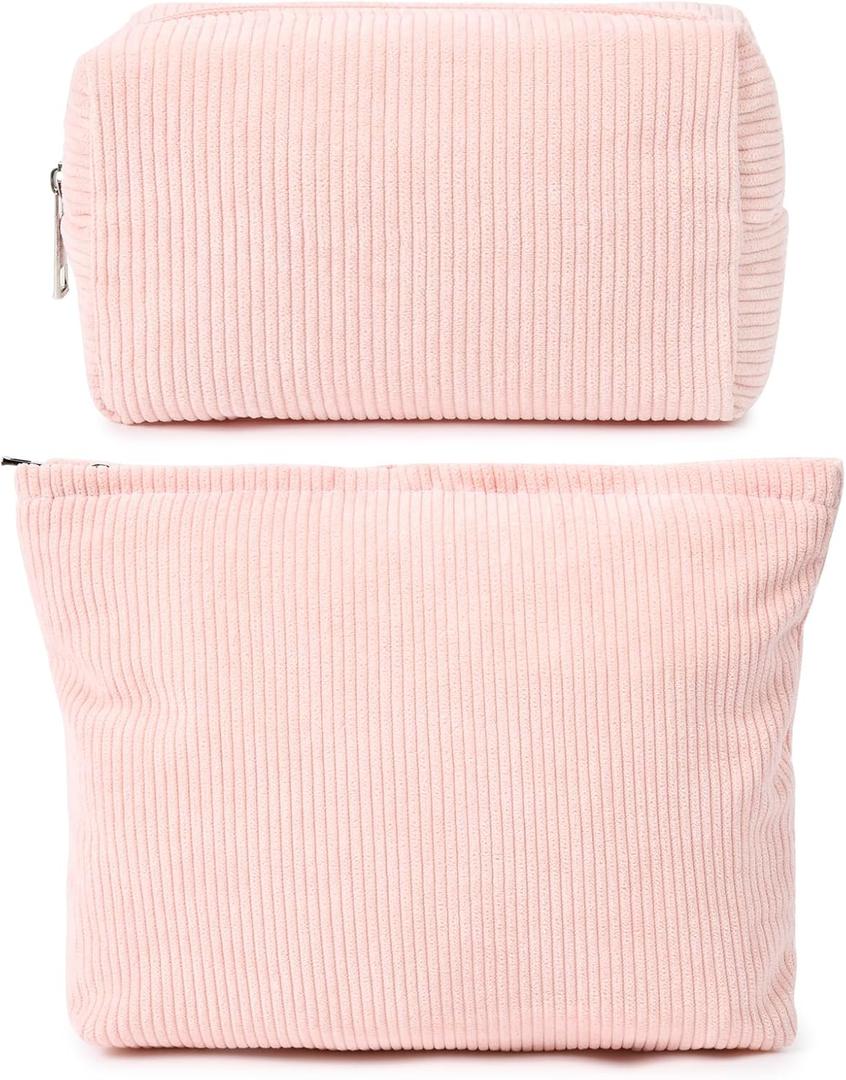 SOIDRAM 2 Pieces Makeup Bag Large Corduroy Cosmetic Bag Capacity Canvas Mix Travel Toiletry Bag Organizer Cute Makeup Brushes Aesthetic Accessories Storage Bag for Women, Corduroy Mix Pink