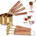 Collection 8 Piece Gold Measuring Cups Set and Measuring Spoons, Golden With fragrant wood Handles-Complete Set of Measure Cups and Spoons For Cooking and Baking.