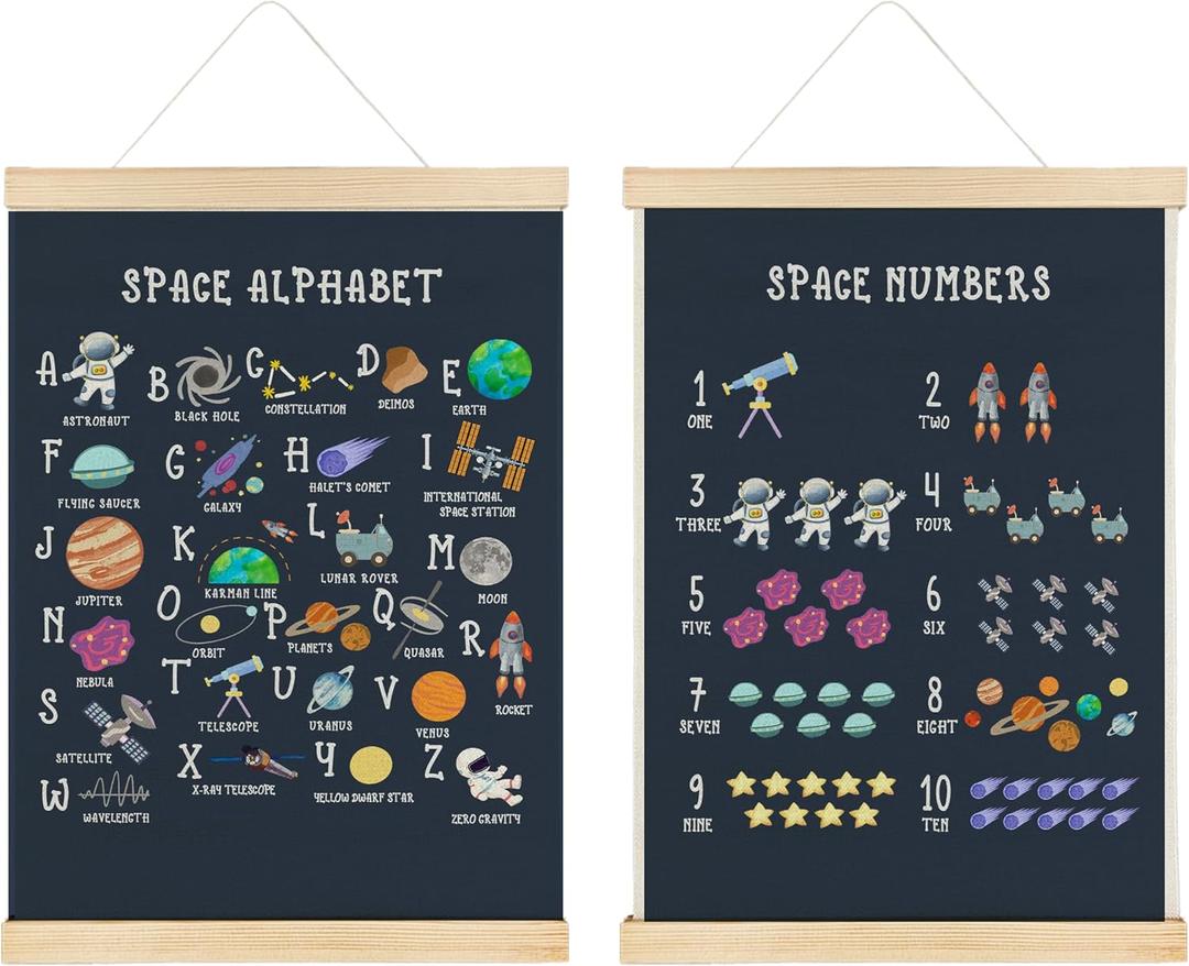 Nrleey Space Alphabet Numbers Wall Decor with Wooden Poster Hanger - Space Decor for Boys Room, ABC Alphabet Numbers Learning Wall Art Posters for Boys Bedroom Playroom, 12x16 Inch Set of 2