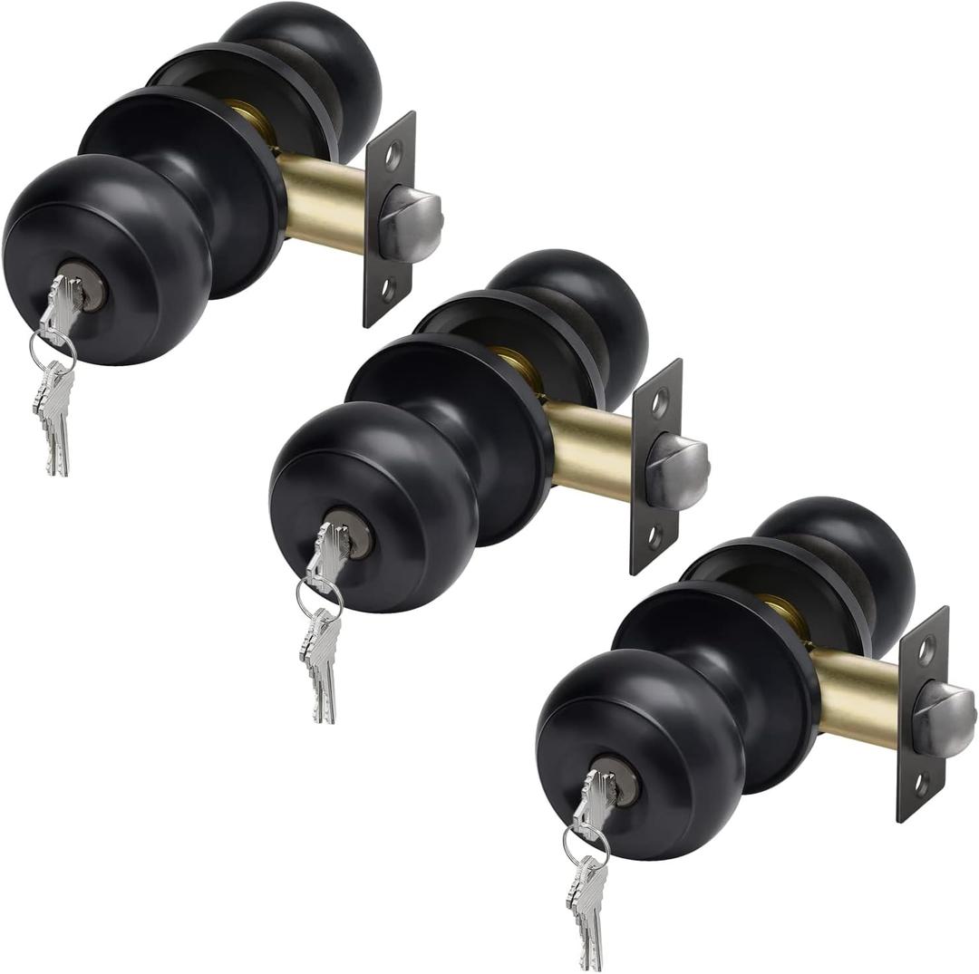 CML Hardware Keyed Alike Entry Door Knob, Matte Black Exterior Door Lock for Front Door and Entrance, Round Ball Handle, 3 Pack