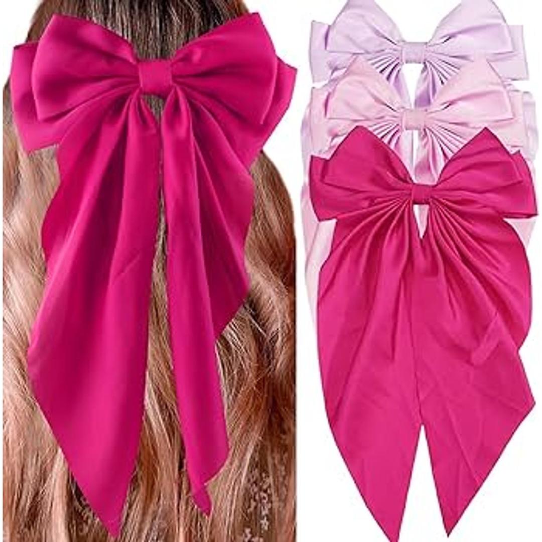 3Pcs Satin Hair Accessories: Big Bows, Hair Ties, and Long Tail Clips for Women and Girls (Purple, Pink, Magenta), Pack of 2