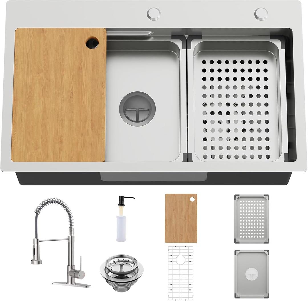 29.5x17.7In Kitchen Sink Workstation-Stainless Steel Drop In Single Bowl Double-Ledge Topmount All-in-one Workstation Sink With Faucet,Colander,SS Grid,Cutting Board,Cup Washer,Soap Dispenser