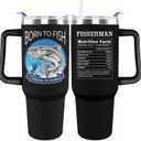 Fishing Tumbler Gifts with Handle For Men 40OZ Born to Fish Gift Stainless Steel Cups Fisherman Gifts For Dad Daddy Fish Mugs with Fish Father Day's Gift from Daught Son