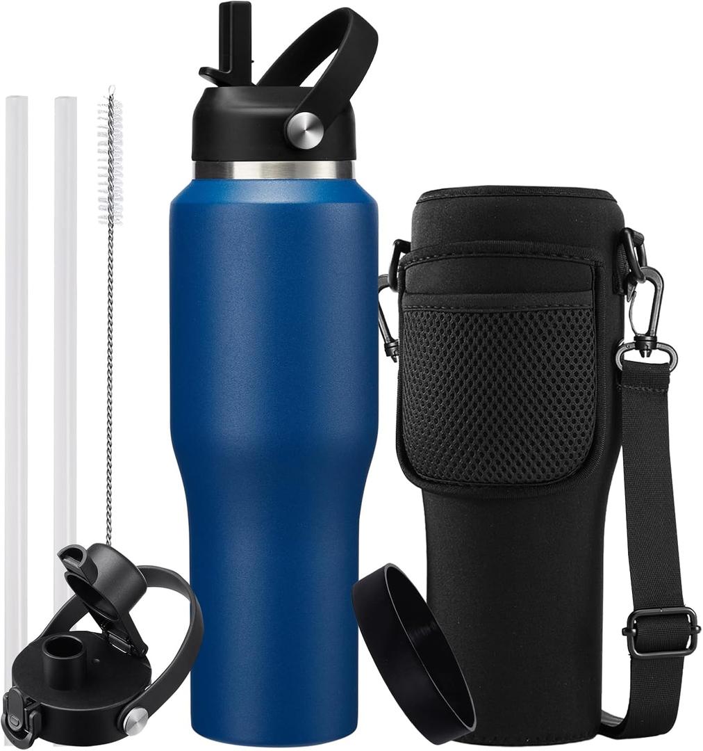 32 oz Water Bottles with Straw & Spout Lid - Keep Cold 48h & Hot 24h Vacuum Slim Metal Insulated Flask Fits in The Car, Bike, Treadmill, Stroller, Golf Cart Cup Holder, Travel Coffee Mug (Navy Blue)