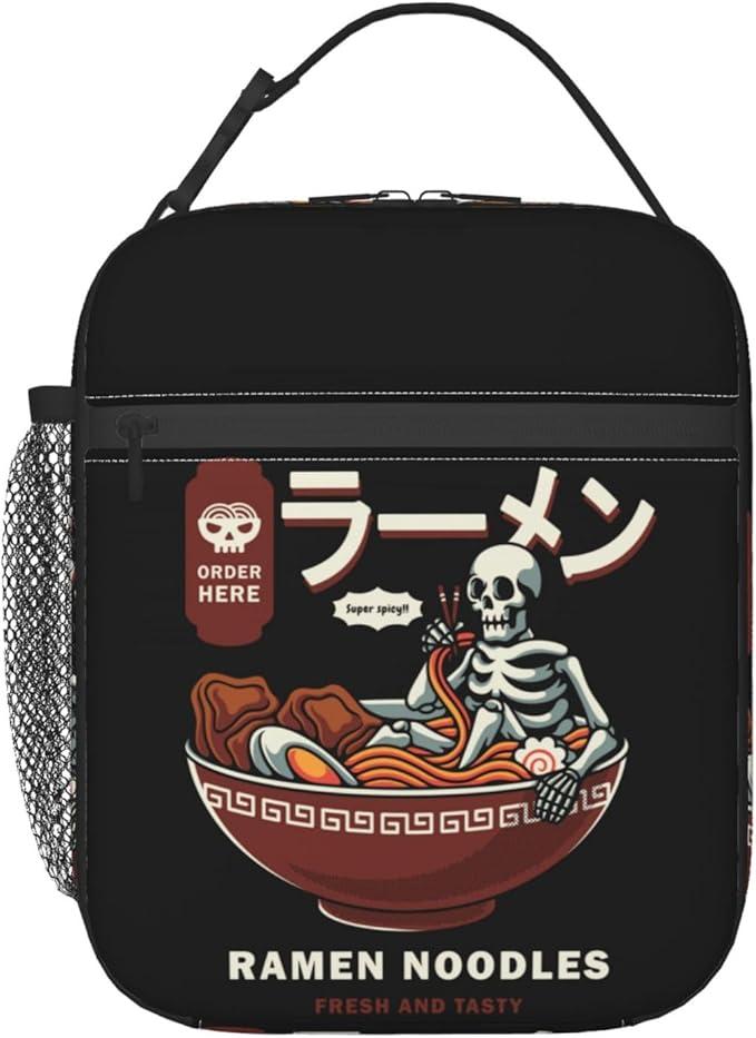 cromcu Insulated Lunch Box for Kids Adults Ramen Lunch Box for Work,Picnic,School,Travel,Hiking,Beach or Fishing Polyester Skull Eat Ramen Theme Lunch Bag