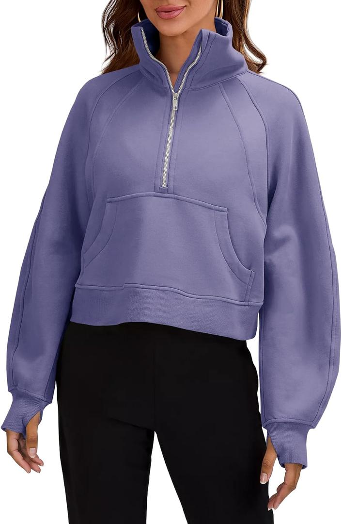 Women's Sweatshirts Half Zipper Crop Pullover Funnel Neck Fleece Lined Zip Up Long Sleeve Tops Thumb Hole Purple