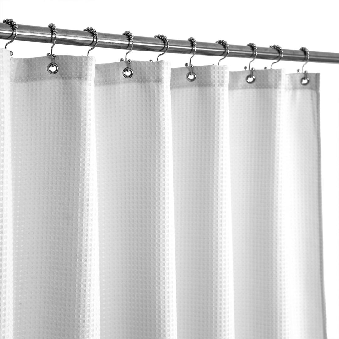 Barossa Design Waffle Weave White Shower Curtain Hotel Luxury Quality, Fabric Shower Curtains for Bathroom, Pique Pattern Cloth, Water Repellent and Machine Washable, Standard Size 71" x 72" (71"W x 72"L (Pack of 1))