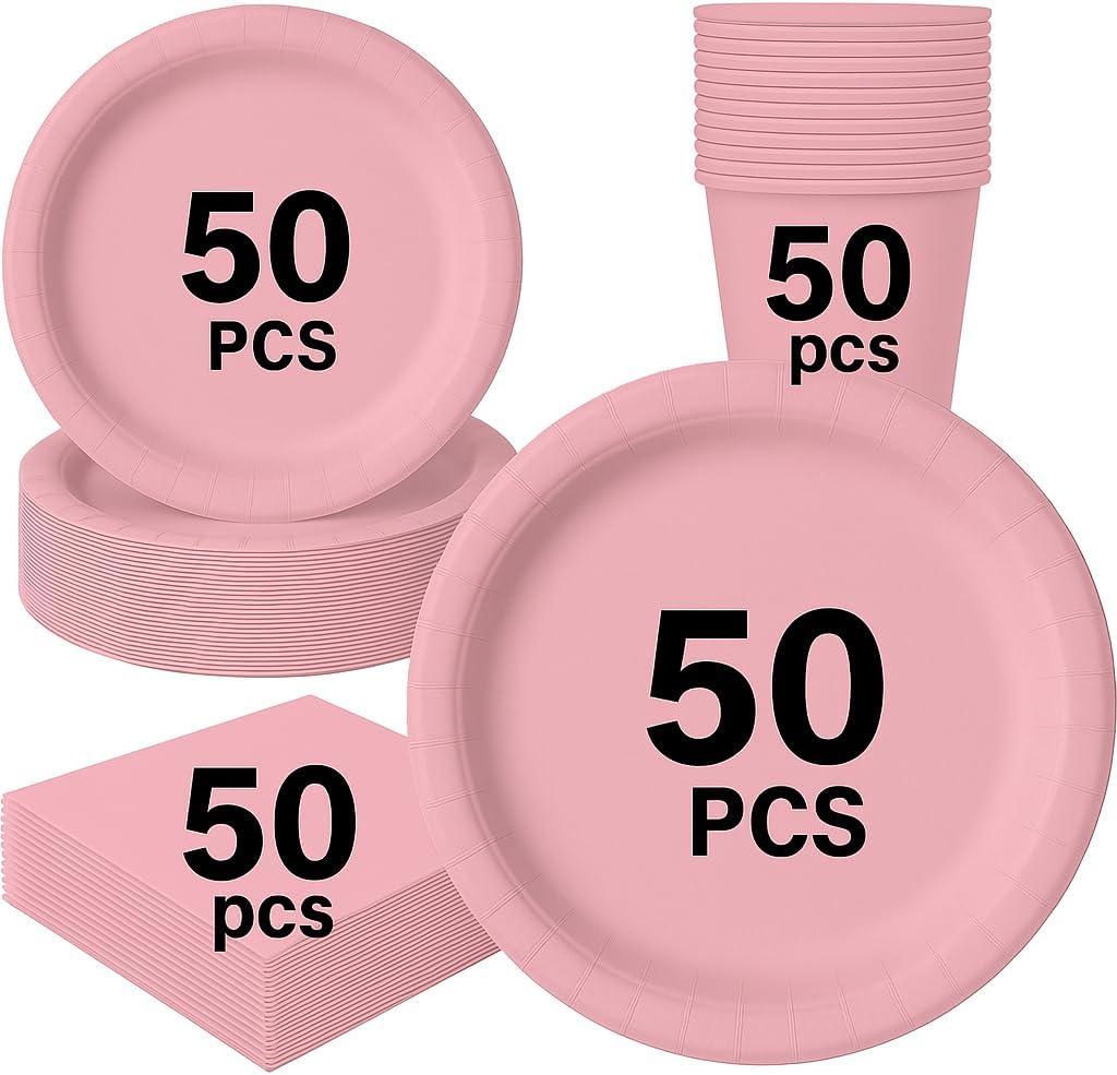 Oojami Light Pink Disposable Dinnerware Set 200 Piece Party Pack for 50 Guests with 9" Dinner Plates, 7" Dessert Plates, 9 oz Cups & 3-Ply Napkins for Weddings, Birthdays & Events