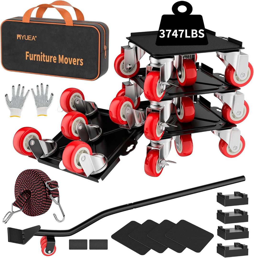 MYUEA Furniture Dolly,Furniture Movers with 5 Wheels,Carbon Steel Panel Heavy Duty Dolly,Maximum Load 3747 LBS,Furniture Lifter with 5 360 Rotatable Rubber Universal Wheels(Black,8.26x7.87 in)