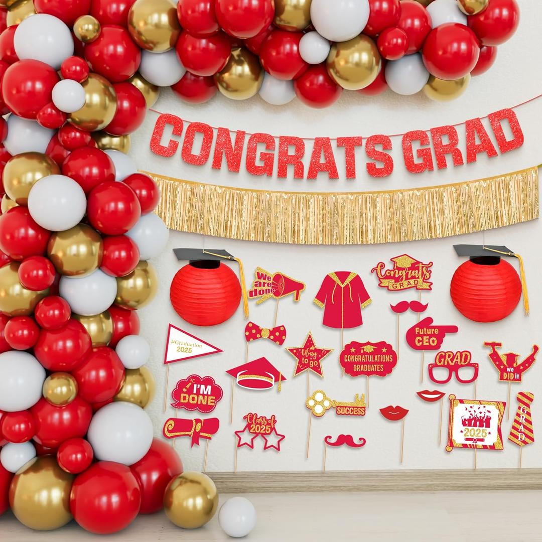 Katchon, Red And Gold Graduation Balloon Arch Kit 2026, Pack Of 70 | Congrats Grad Banner, Graduation Photo Props, Lanterns For Graduation Decorations 2026, Grad Party Balloon Arch Kit Graduation