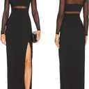 Aigeman Women See Through Mesh Long Sleeves Maxi Dress Turtleneck Bodycon Long Dresses Side Slit Cocktail Party Dress 451, X-Small, Black