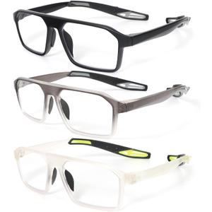 REAVEE 3 Pack Sport Reading Glasses for Men Women, Lightweight Blue Light Blocking Readers with Detachable Temples (Black/Grey/Clear 1.5)