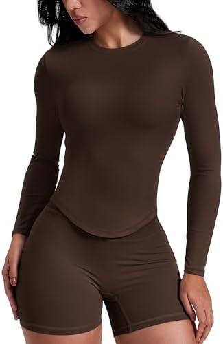 AVGO Workout Shirts for Women Slim Fit Long Sleeve Crop Tops Gym Shirt Running Breathable Athletic Clothes, M, Roasted Brown