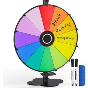 24 Inch Prize Wheel, Tabletop Spinning Wheel for Prizes, Heavy Duty Spin Wheel with Dry Erase Marker & Eraser, 12 Slots Colors Wheel Spinner with Stand for Party, Carnivals and Tradeshow