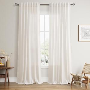 Ivory White Linen Curtains 50 x 96 inches Long Living Room Back Tab Rod Pocket Semi Sheer Curtain Boho Privacy Light Filtering Thick Linen Drapes for Bedroom, Ivory White, Set of 2 Panels