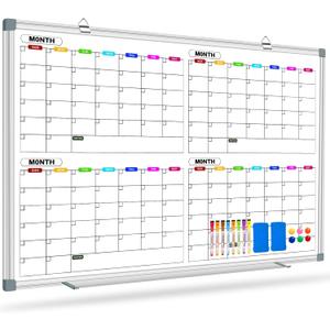 Magnetic Calendar Whiteboard for Wall, 4 Month White Board Calendar Dry Erase Board 48" x 36", Wall Mounted Board Planner for Office, School, Home, Store