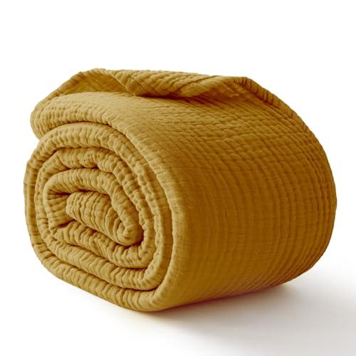 Kozyhvn 100% Cotton Muslin Blanket Queen 90" x 90", 6 Layers Breathable and Lightweight Cotton Throw Blankets for Bed, Soft Cooling Summer Gauze Blanket for Adults All Season, Mustard