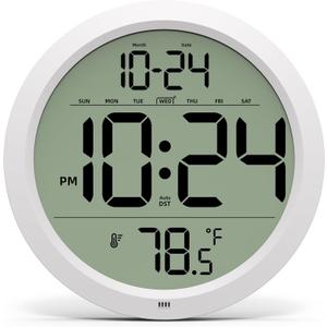 Digital Wall Clock with Date, Indoor Temperature, Auto-DST, Battery-Operated Digital Clock, 8 Inch Small Decorative Wall Clock for Bedroom, Living Room, Home, Kitchen, Office, Modern, Electric, Simple