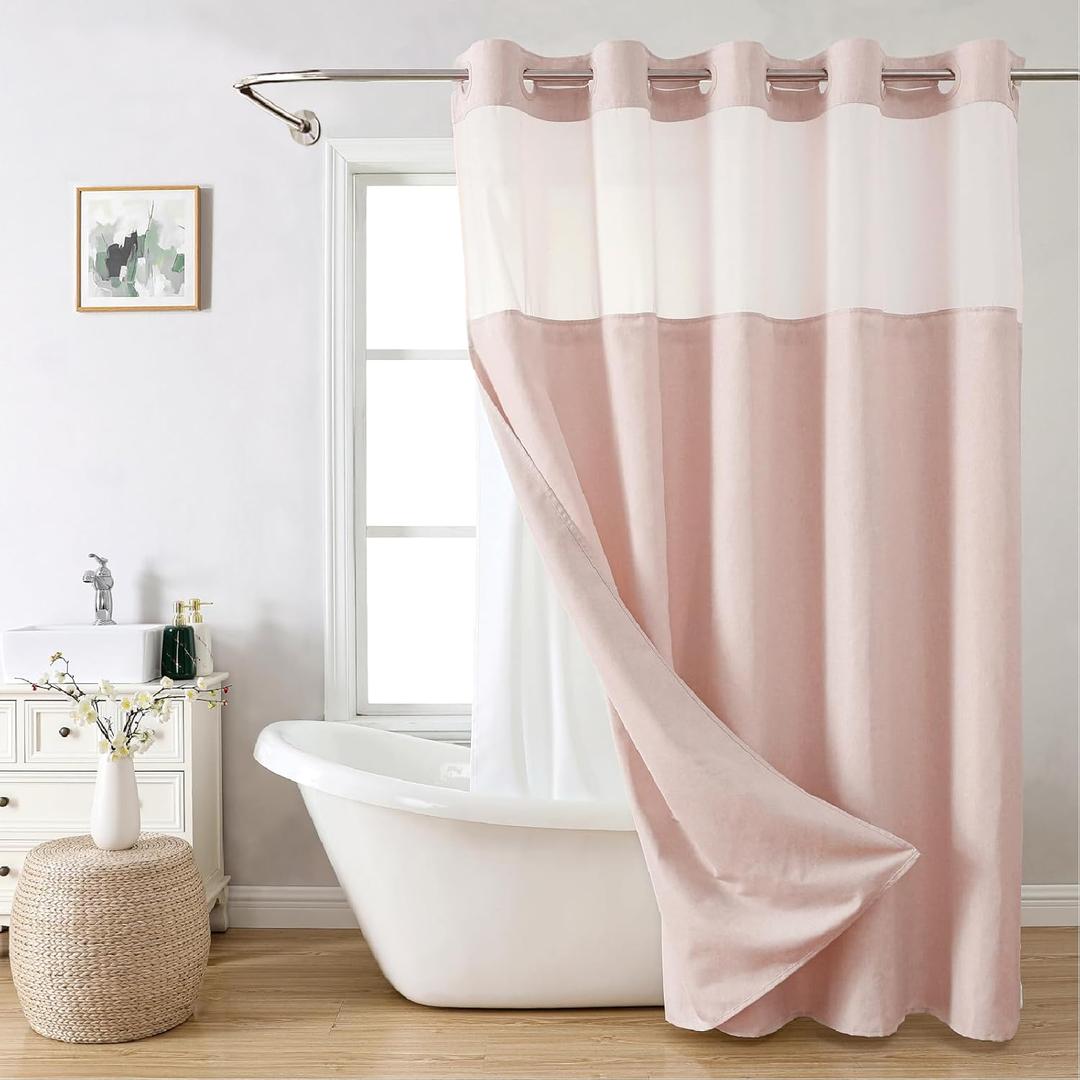 Eachope No Hooks Needed Linen Textured Shower Curtain with Snap-in Fabric Liner Set,Blush Hotel Luxury Decor Shower Curtains for Bathroom with Mesh Top Window,Waterproof & Washable,71Wx74H